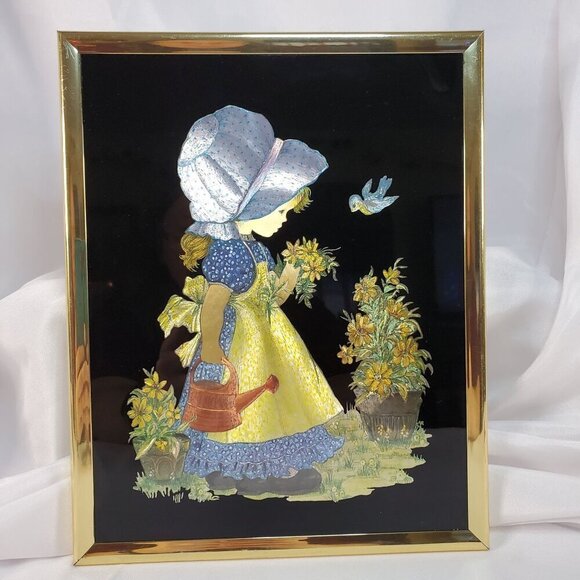 VTG 1951 Holly Hobbie Foiled Picture Tinsel Wall Art With Gold Frame Americana - Picture 1 of 16